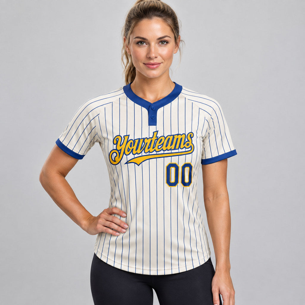 Custom Cream Two Button Pinstripe Softball Jersey with Royal Lettering Design 1061 worn by female model