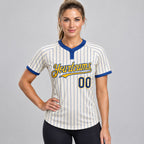 Custom Cream Two Button Pinstripe Softball Jersey with Royal Lettering Design 1061 worn by female model