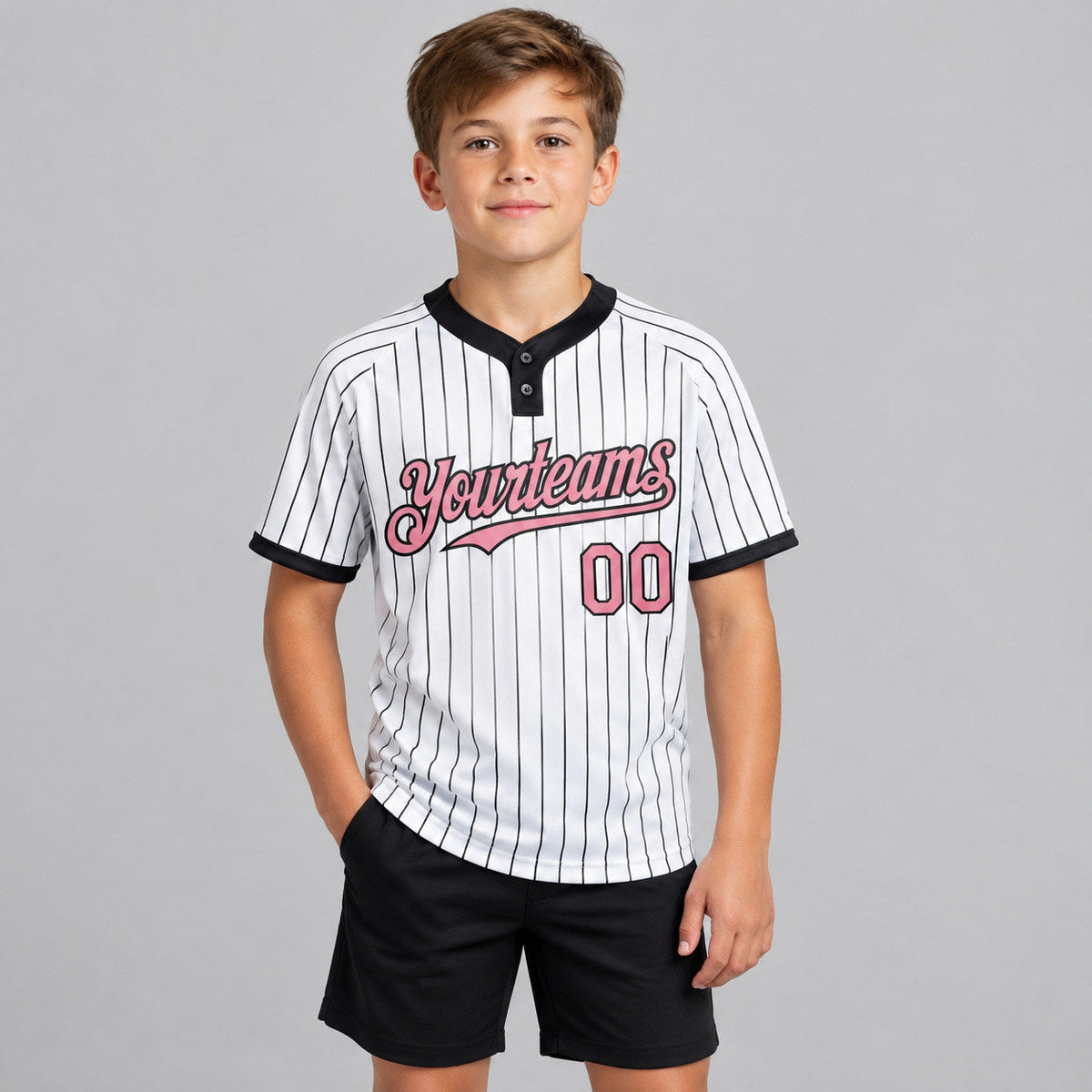 Custom White Two Button Pinstripe Softball Jersey with Black Lettering Design 0766 youth size worn by child model