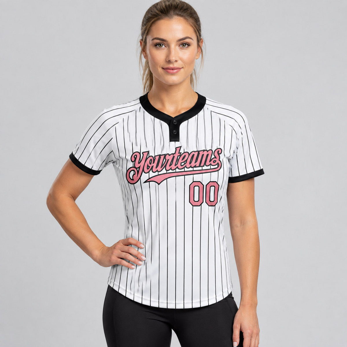 Custom White Two Button Pinstripe Softball Jersey with Black Lettering Design 0766 worn by female model
