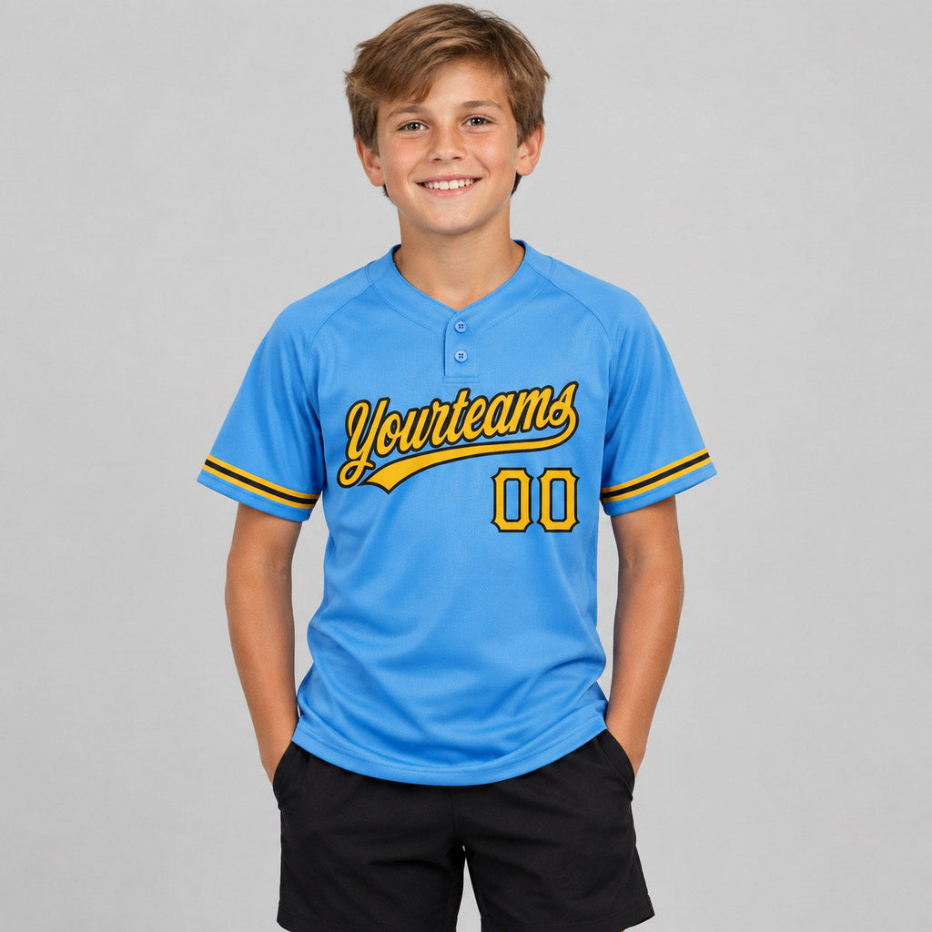 Custom Powder Blue Two Button Softball Jersey with Yellow and Black Lettering youth size worn by child model