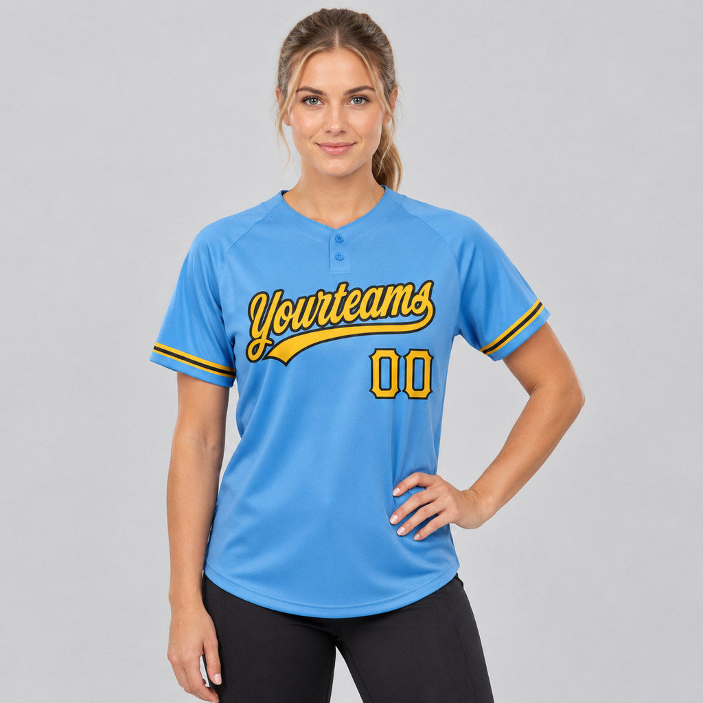 Custom Powder Blue Two Button Softball Jersey with Yellow and Black Lettering worn by female model