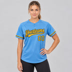 Custom Powder Blue Two Button Softball Jersey with Yellow and Black Lettering worn by female model