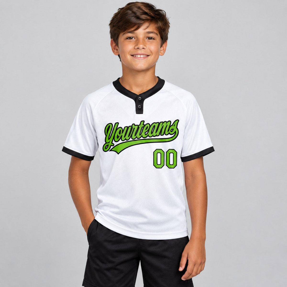 Custom White Two Button Softball Jersey with Neon Green and Black Lettering Design 0237 youth size worn by child model