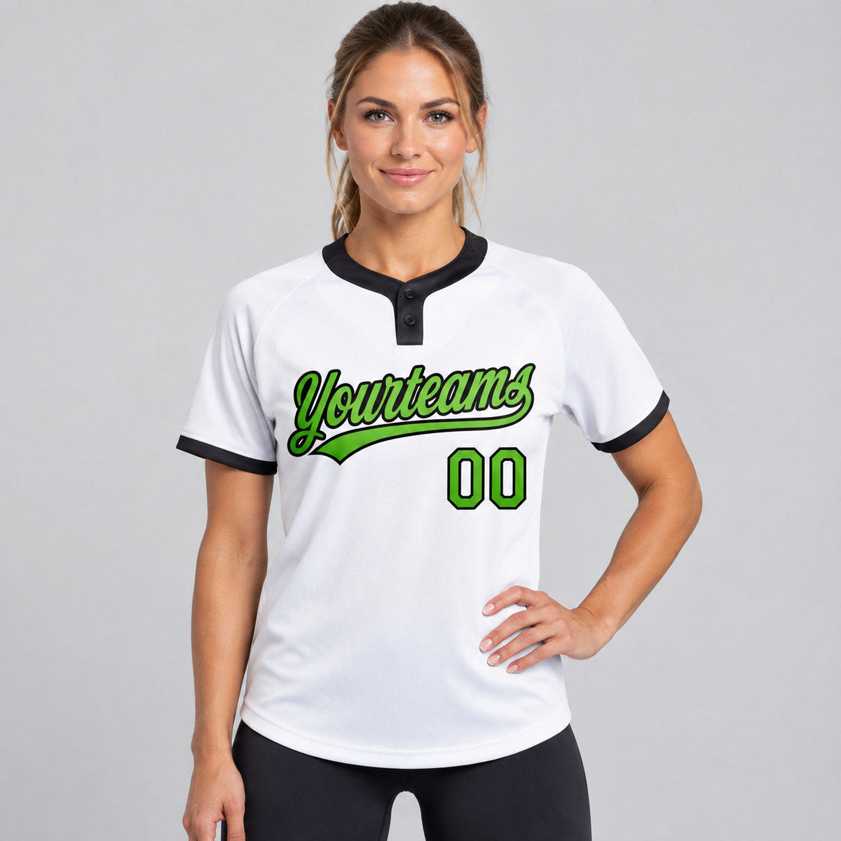 Custom White Two Button Softball Jersey with Neon Green and Black Lettering Design 0237 worn by female model