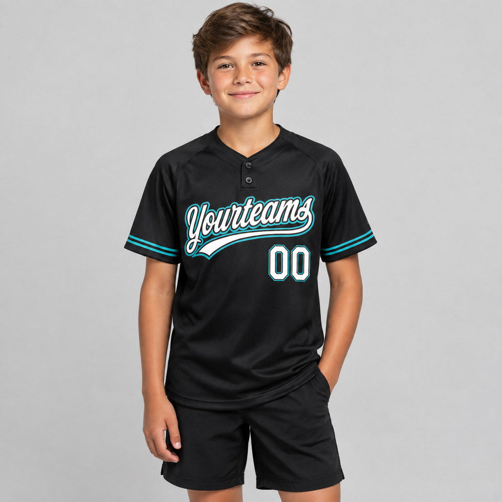 Custom Black Two Button Softball Jersey with White and Teal Lettering youth size worn by child model
