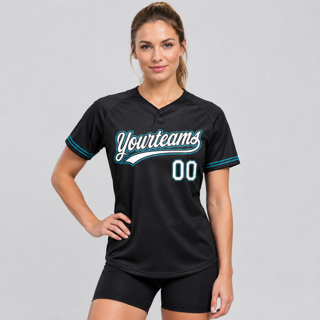 Custom Black Two Button Softball Jersey with White and Teal Lettering worn by female model