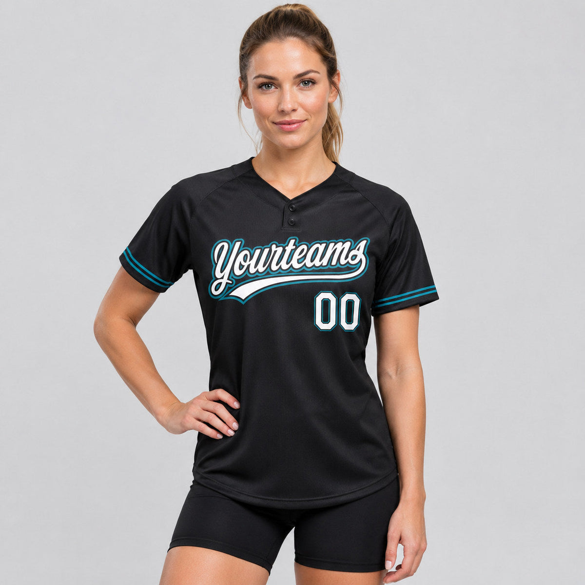 Custom Black Two Button Softball Jersey with White and Teal Lettering worn by female model