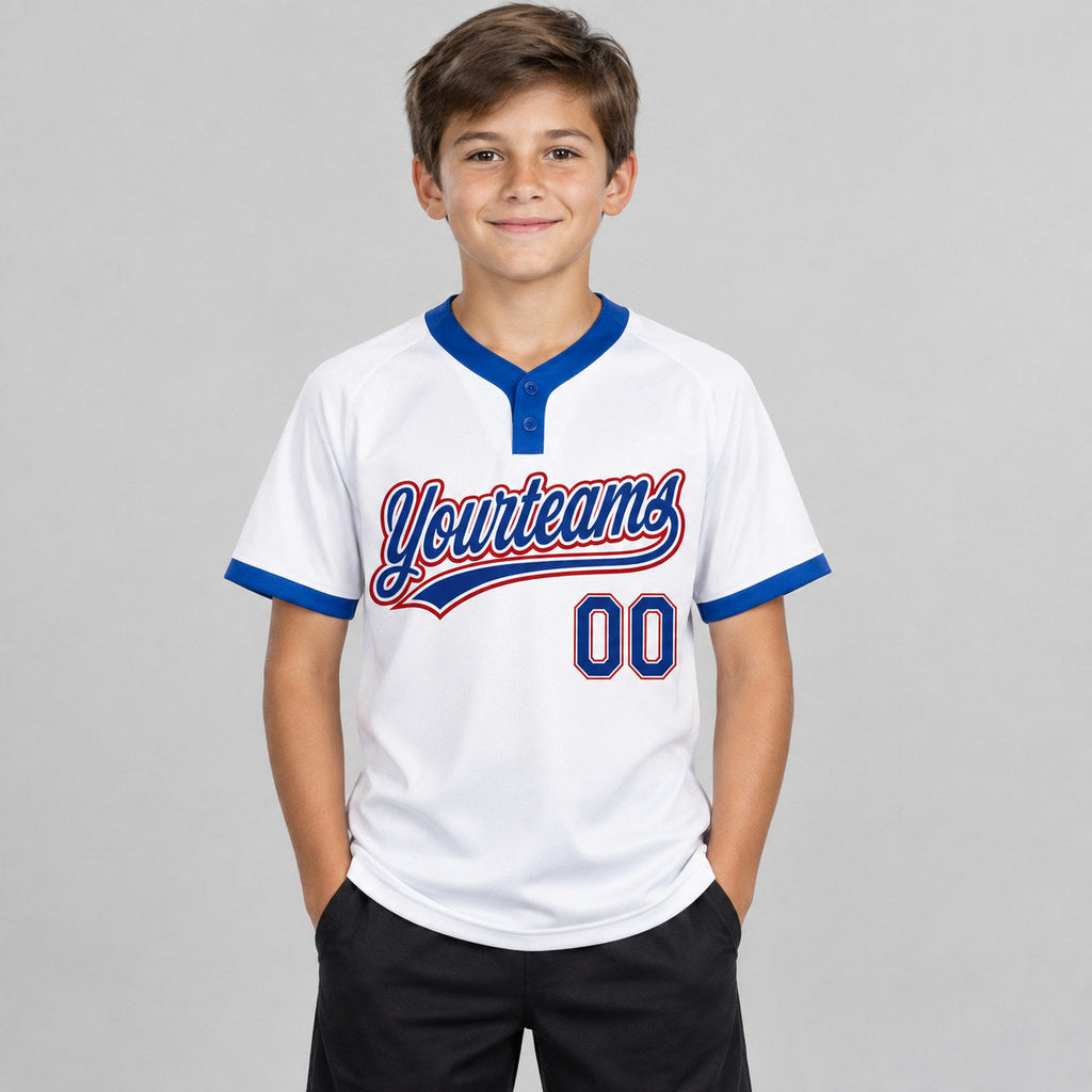 Custom White Two Button Softball Jersey with Royal and Red Lettering Design 0229 youth size worn by child model