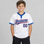 Custom White Two Button Softball Jersey with Royal and Red Lettering Design 0229 youth size worn by child model