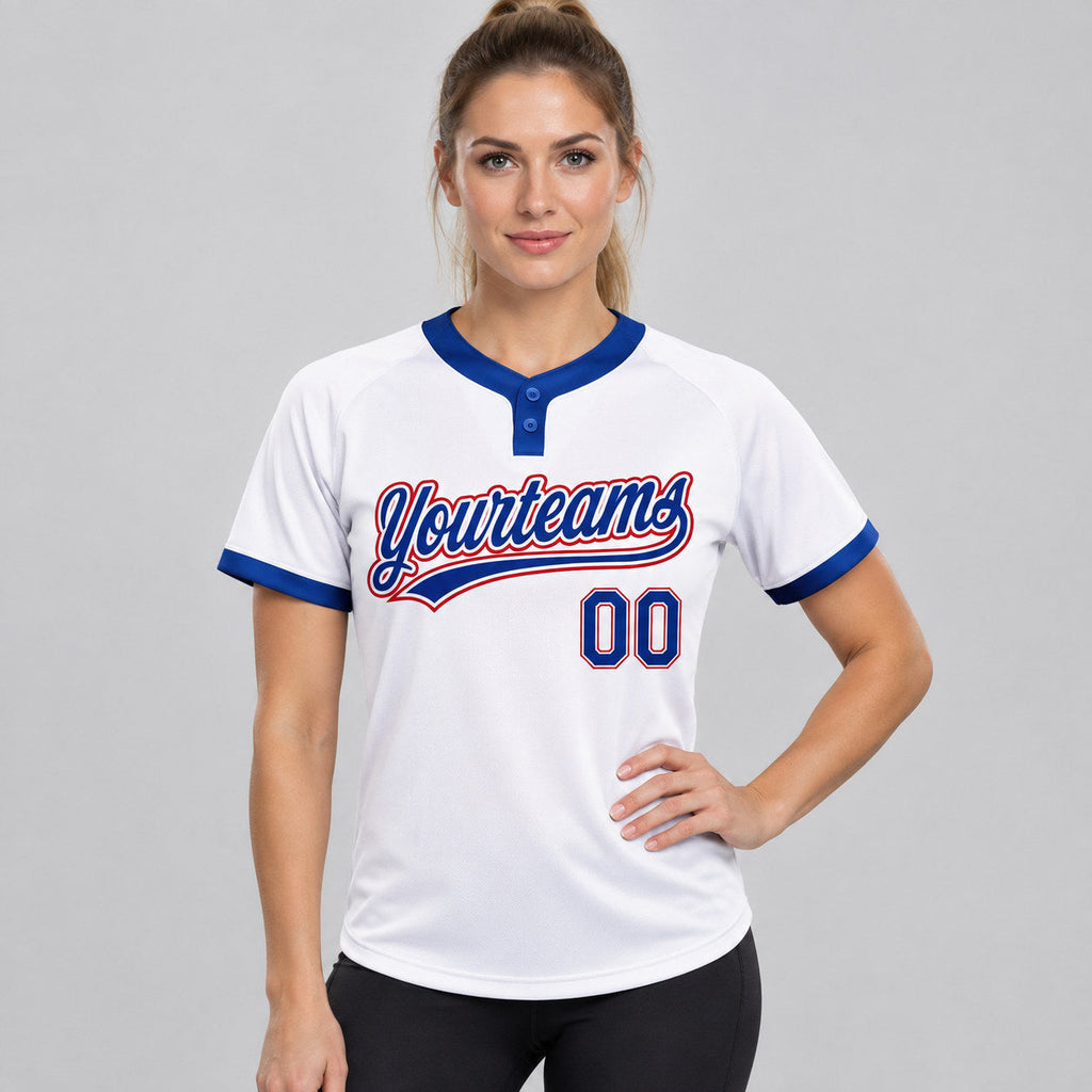 Custom White Two Button Softball Jersey with Royal and Red Lettering Design 0229 worn by female model