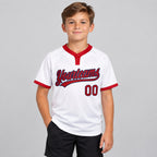 Custom White Two Button Softball Jersey with Red and Navy Lettering Design 0222 youth size worn by child model