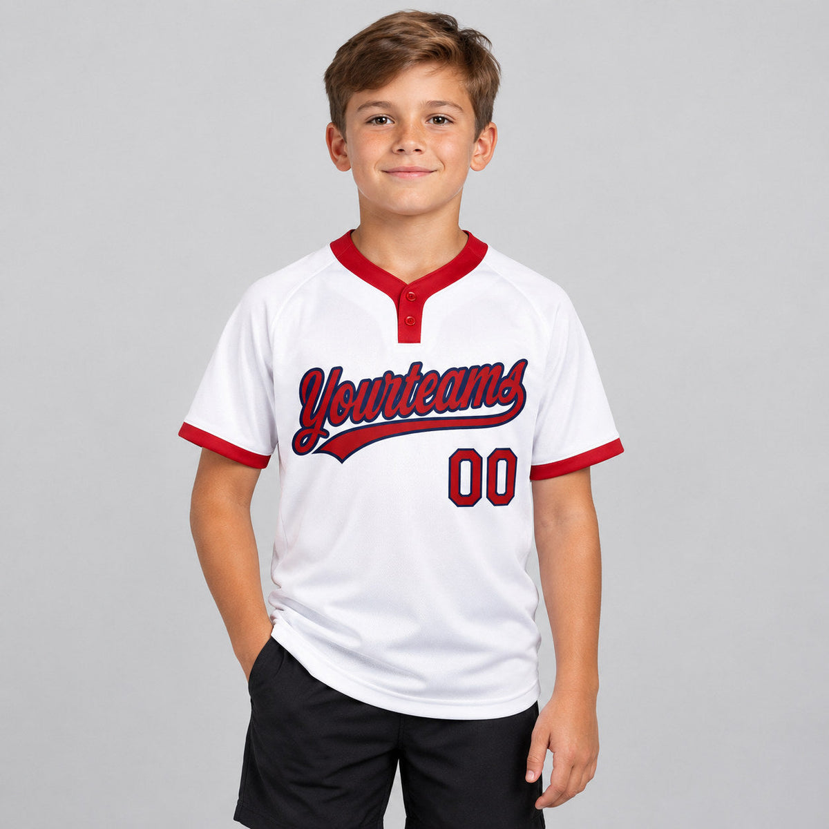 Custom White Two Button Softball Jersey with Red and Navy Lettering Design 0222 youth size worn by child model