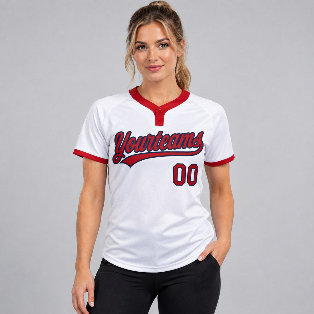 Custom White Two Button Softball Jersey with Red and Navy Lettering Design 0222 worn by female model