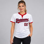 Custom White Two Button Softball Jersey with Red and Navy Lettering Design 0222 worn by female model