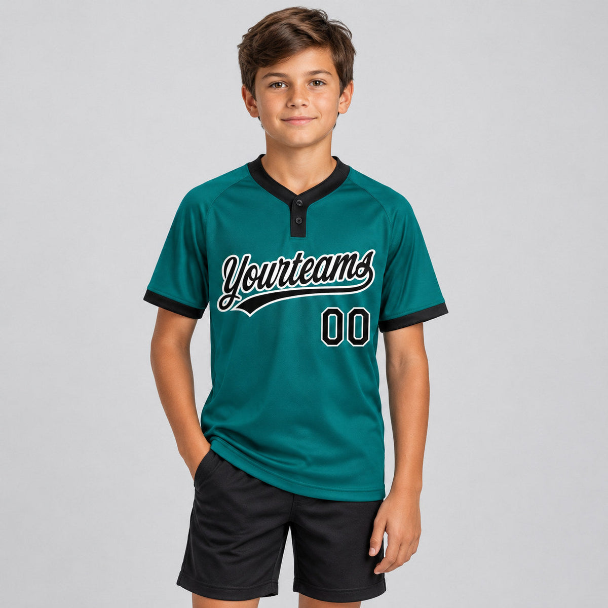 Custom Teal Two Button Softball Jersey with Black and White Lettering Design 0148 youth size worn by child model