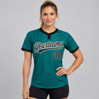 Custom Teal Two Button Softball Jersey with Black and White Lettering Design 0148 worn by female model