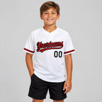 Custom White Two Button Softball Jersey with Red and Black Lettering Design 1578 youth size worn by child model