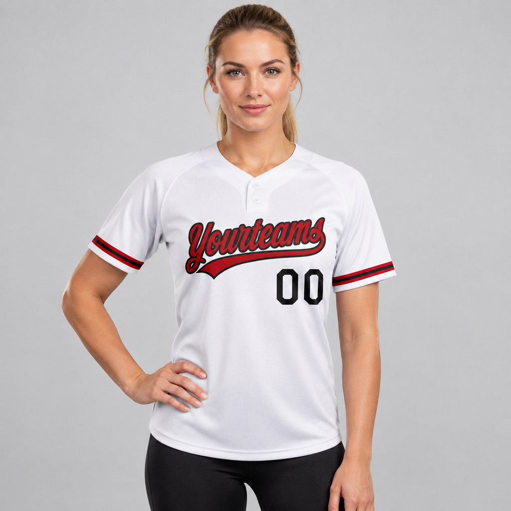 Custom White Two Button Softball Jersey with Red and Black Lettering Design 1578 worn by female model