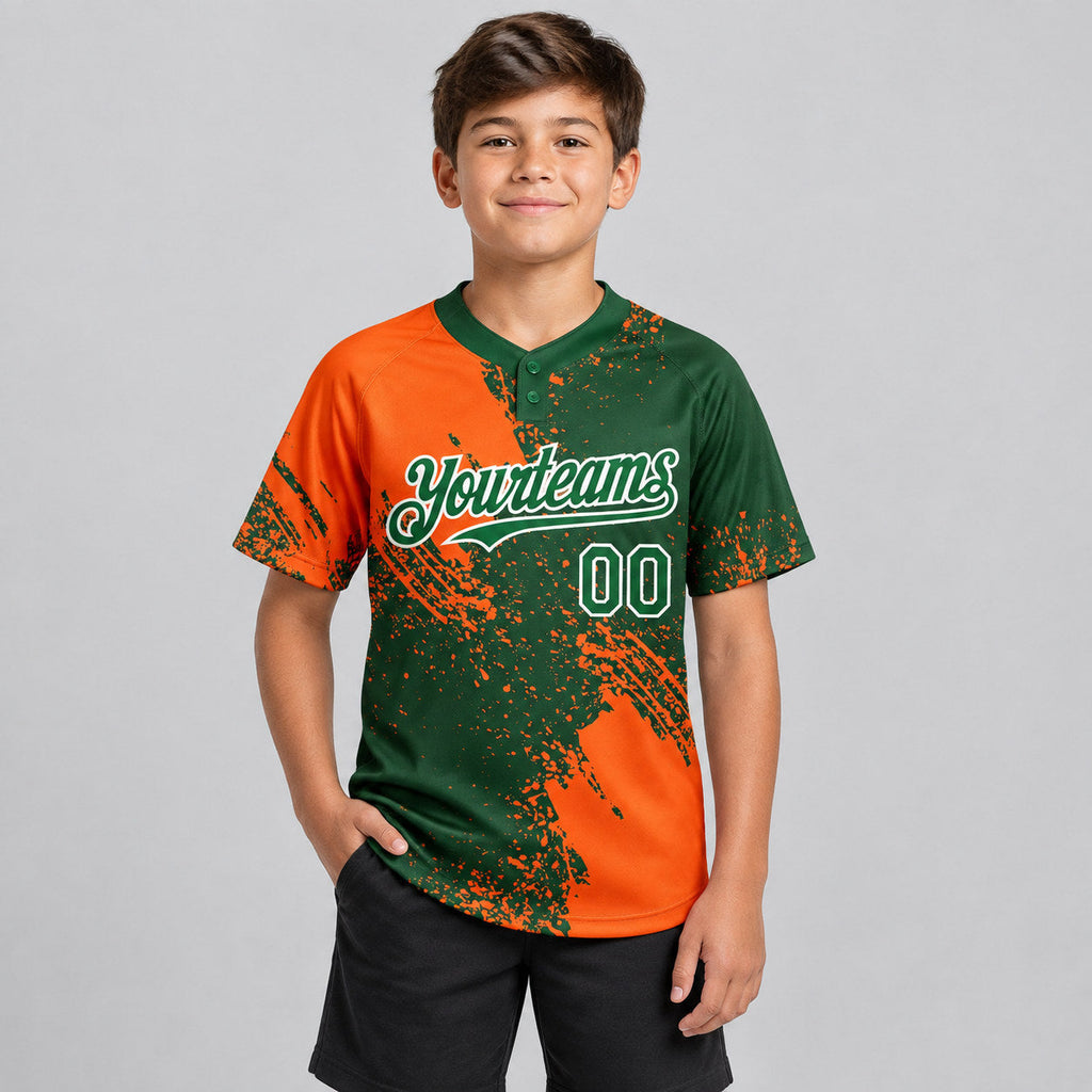 Custom Orange Abstract Brush Stroke Two Button Softball Jersey with Green and White Lettering youth size worn by child model