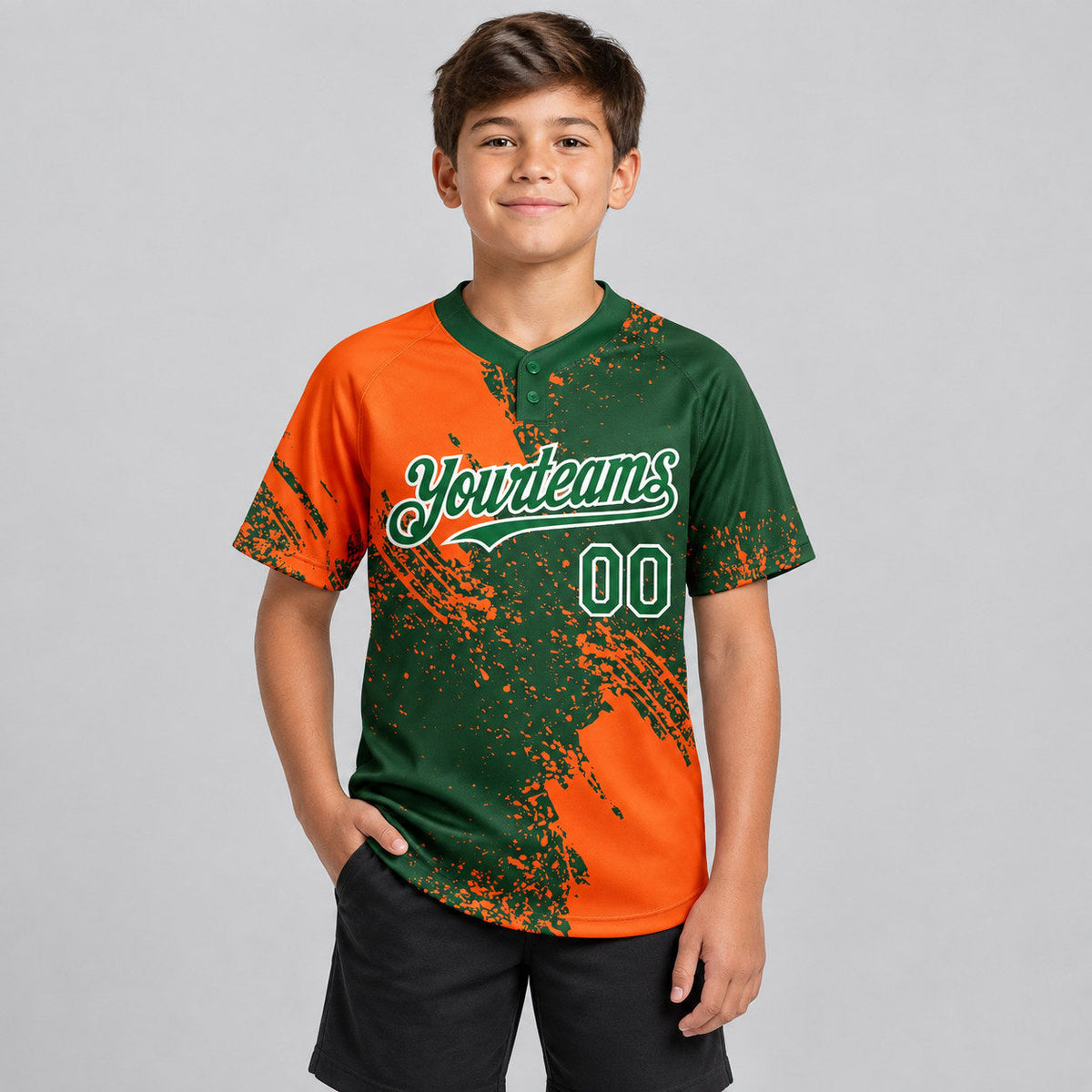 Custom Orange Abstract Brush Stroke Two Button Softball Jersey with Green and White Lettering youth size worn by child model