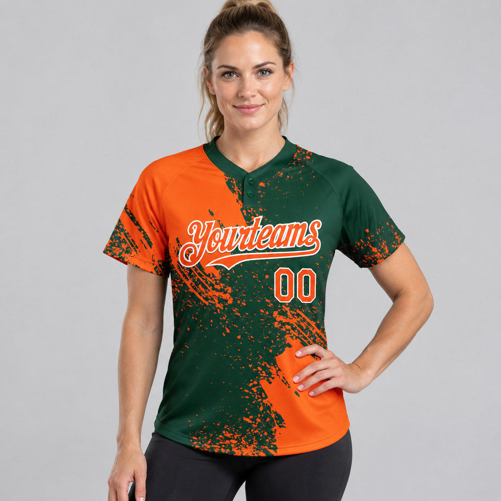 Custom Orange Abstract Brush Stroke Two Button Softball Jersey with Green and White Lettering worn by female model