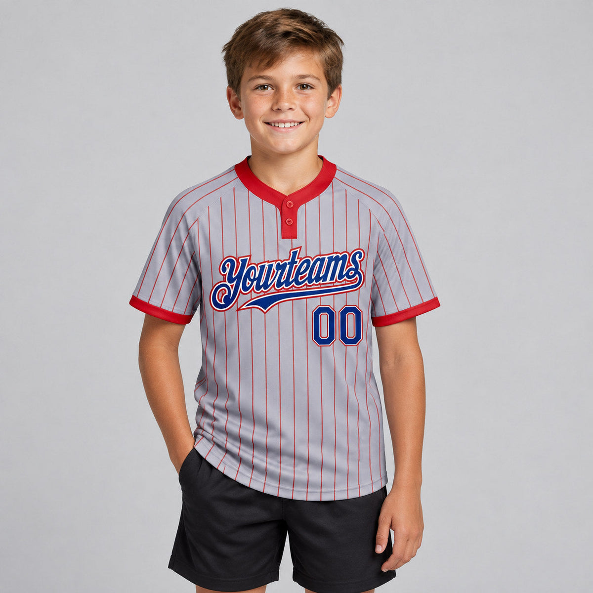 Custom Gray and Red Two Button Pinstripe Softball Jersey with Royal and White Lettering youth size worn by child model