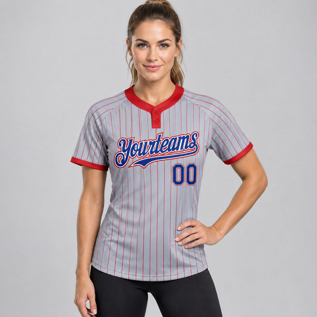 Custom Gray and Red Two Button Pinstripe Softball Jersey with Royal and White Lettering worn by female model