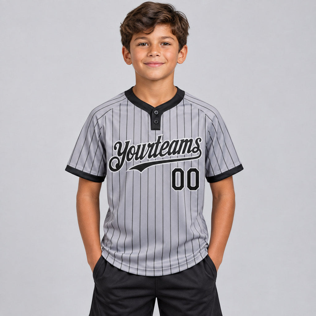 Custom Gray Two Button Pinstripe Softball Jersey with Black Lettering Design 1216 youth size worn by child model