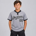 Custom Gray Two Button Pinstripe Softball Jersey with Black Lettering Design 1216 youth size worn by child model