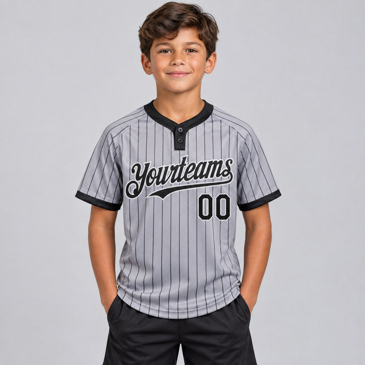 Custom Gray Two Button Pinstripe Softball Jersey with Black Lettering Design 1216 youth size worn by child model