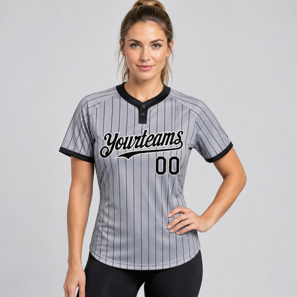 Custom Gray Two Button Pinstripe Softball Jersey with Black Lettering Design 1216 worn by female model