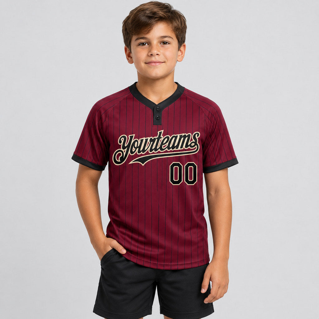 Custom Crimson Two Button Pinstripe Softball Jersey with Black Lettering Design 1210 youth size worn by child model