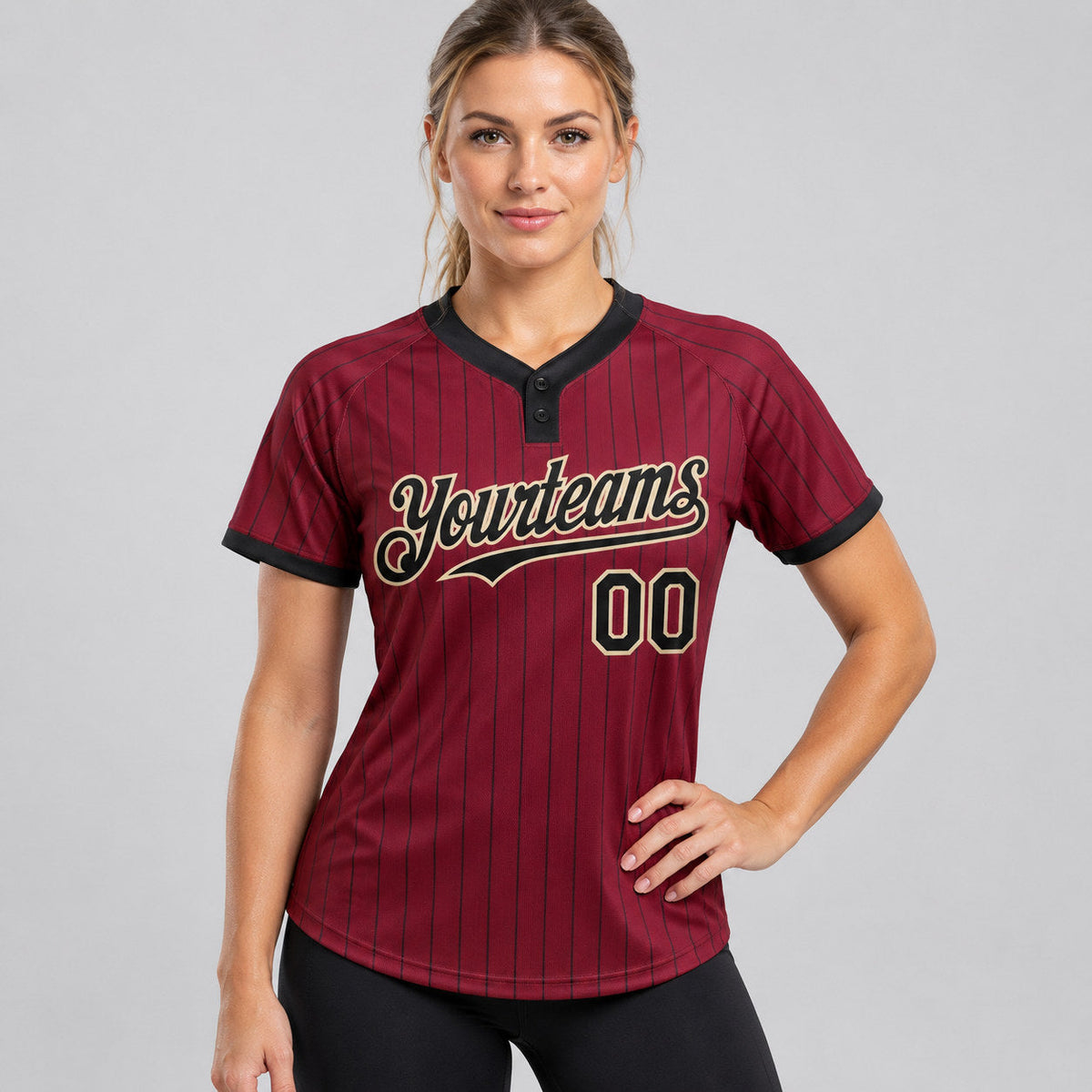 Custom Crimson Two Button Pinstripe Softball Jersey with Black Lettering Design 1210 worn by female model