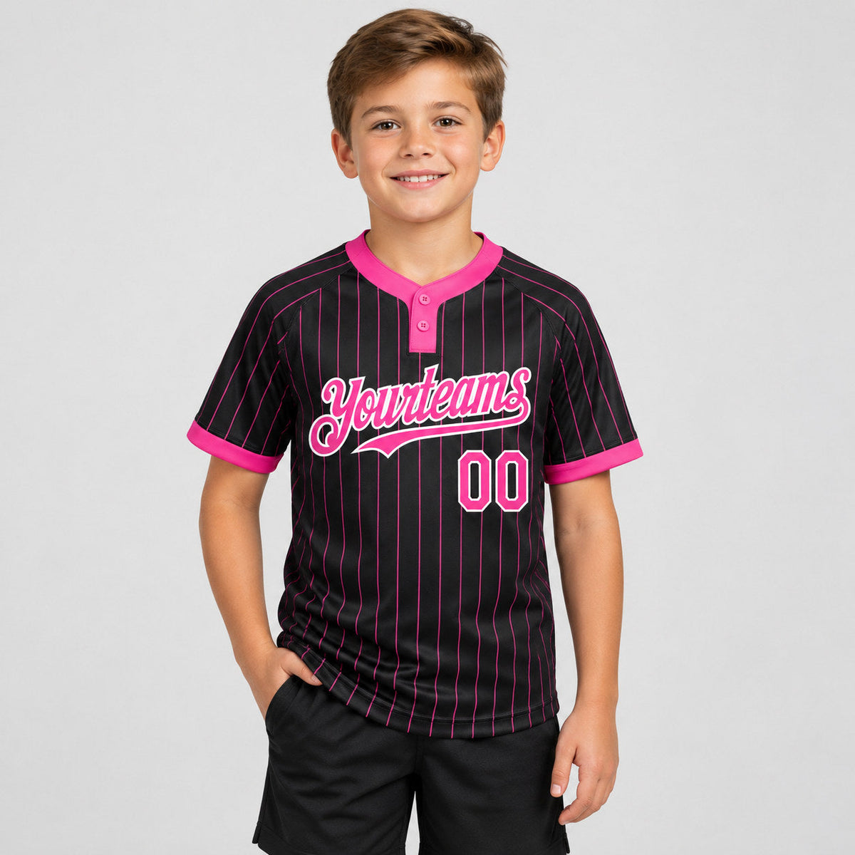 Custom Black Two Button Pinstripe Softball Jersey with Pink Lettering Design 0883 youth size worn by child model