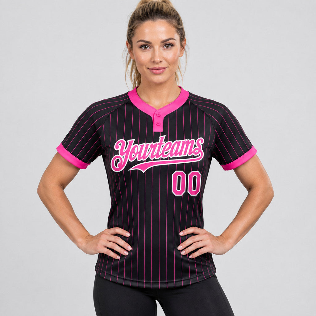 Custom Black Two Button Pinstripe Softball Jersey with Pink Lettering Design 0883 worn by female model
