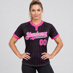 Custom Black Two Button Pinstripe Softball Jersey with Pink Lettering Design 0883 worn by female model