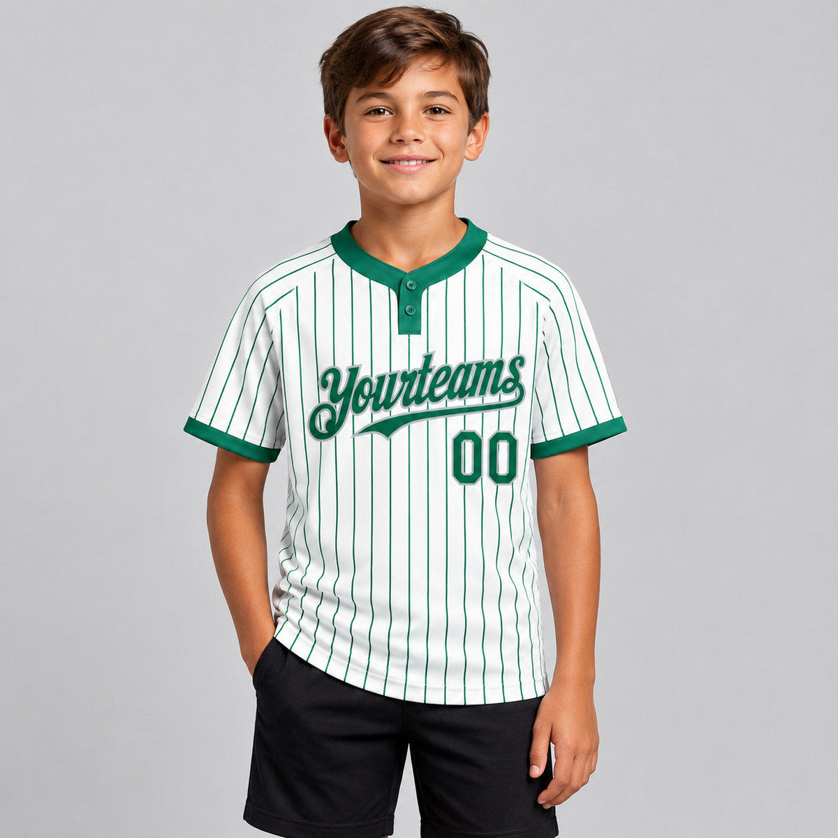 Custom White Two Button Pinstripe Softball Jersey with Kelly Green Lettering Design 0845 youth size worn by child model