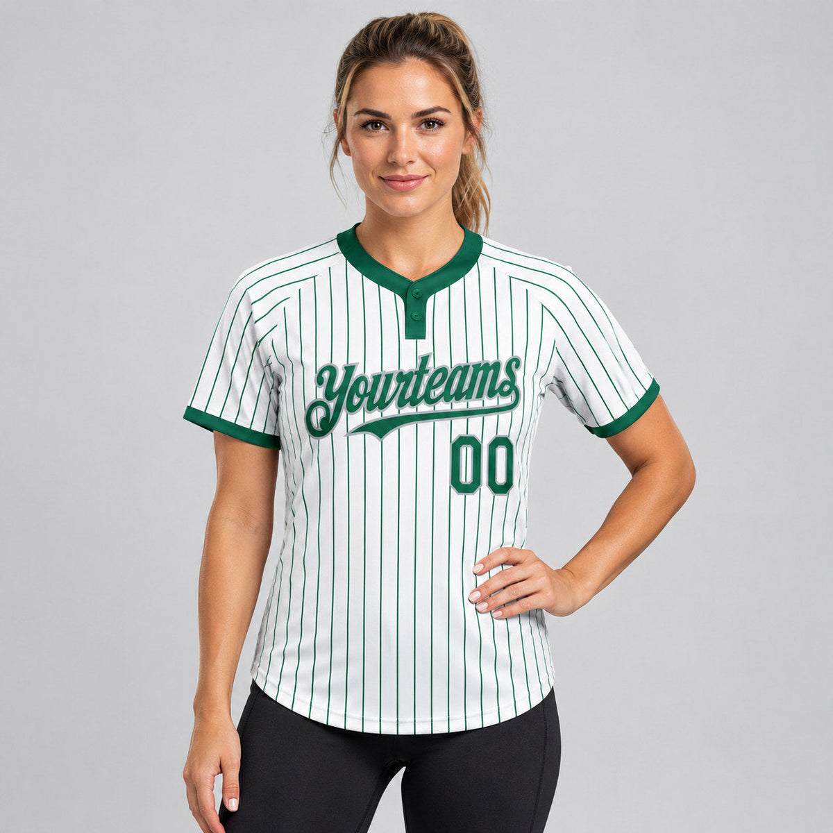 Custom White Two Button Pinstripe Softball Jersey with Kelly Green Lettering Design 0845 worn by female model