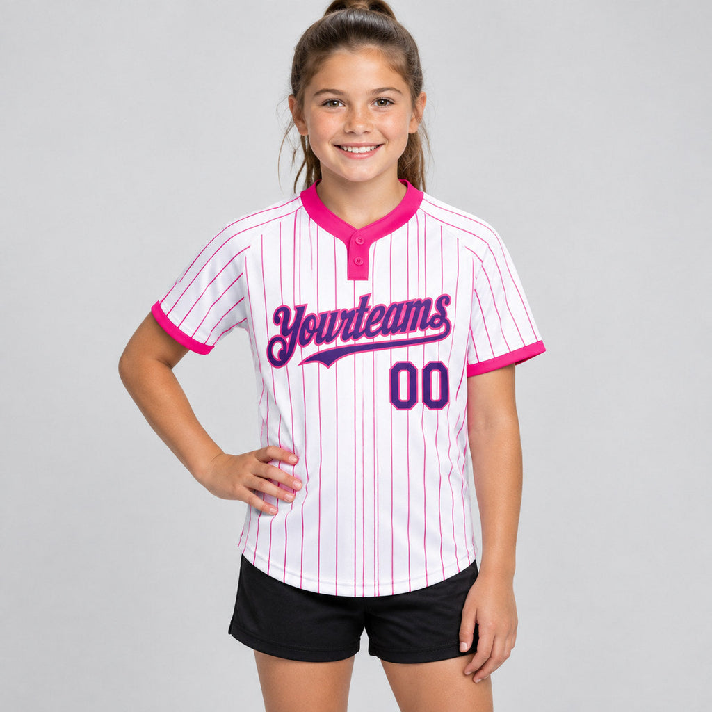 Custom White Two Button Pinstripe Softball Jersey with Pink Lettering Design 0853 youth size worn by child model