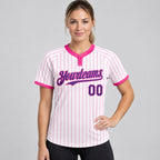 Custom White Two Button Pinstripe Softball Jersey with Pink Lettering Design 0853 worn by female model