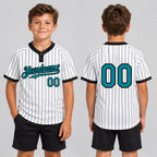 Custom White Two Button Pinstripe Softball Jersey with Black Lettering Design 0761 youth size worn by child model