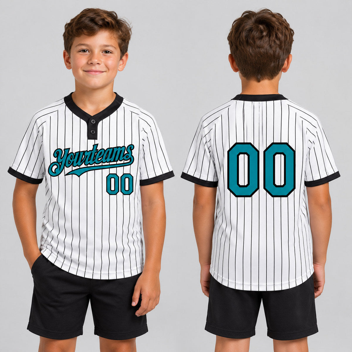 Custom White Two Button Pinstripe Softball Jersey with Black Lettering Design 0761 youth size worn by child model