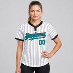 Custom White Two Button Pinstripe Softball Jersey with Black Lettering Design 0761 worn by female model