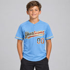 Custom Light Blue Vintage USA Flag Two Button Softball Jersey with City Cream Lettering youth size worn by child model