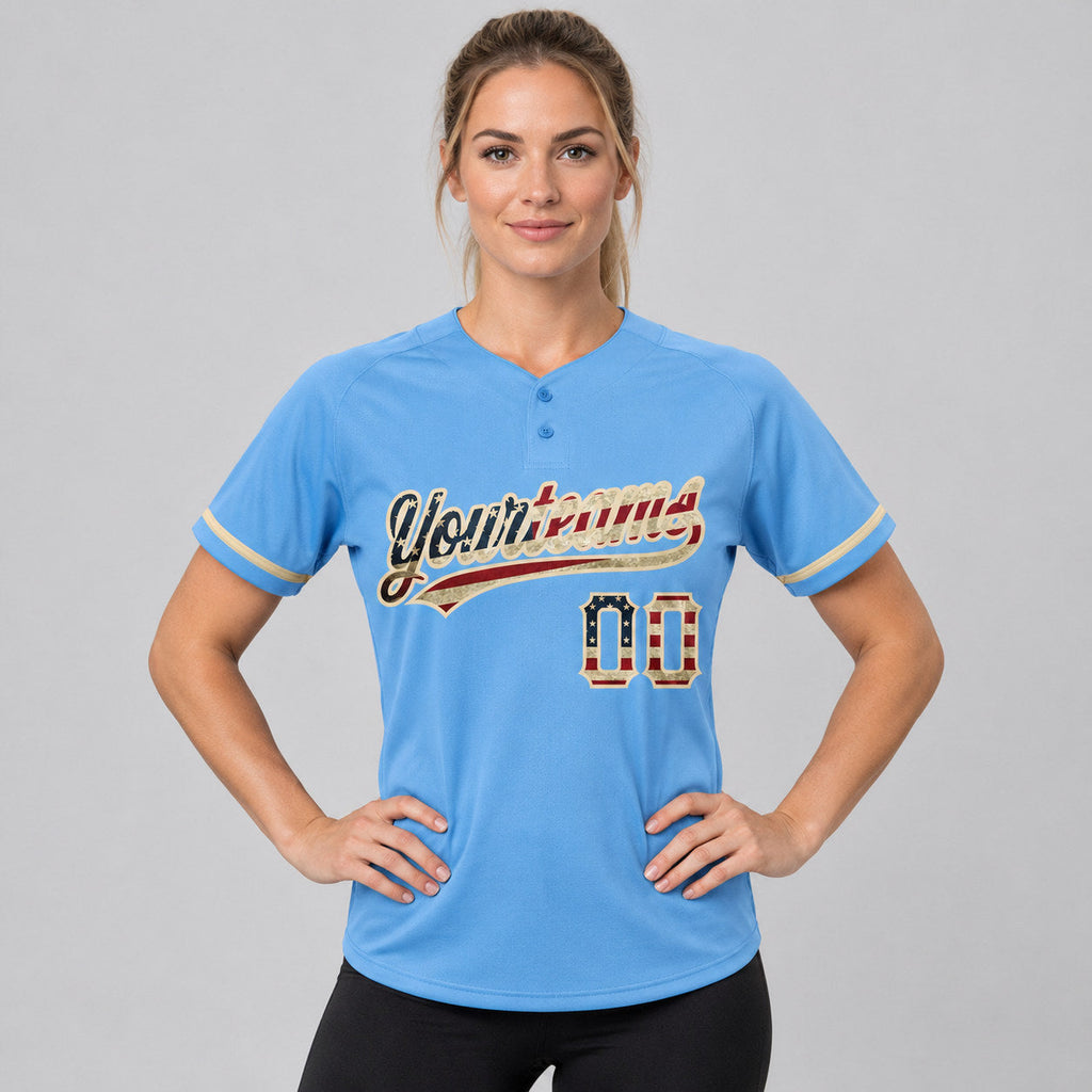 Custom Light Blue Vintage USA Flag Two Button Softball Jersey with City Cream Lettering worn by female model