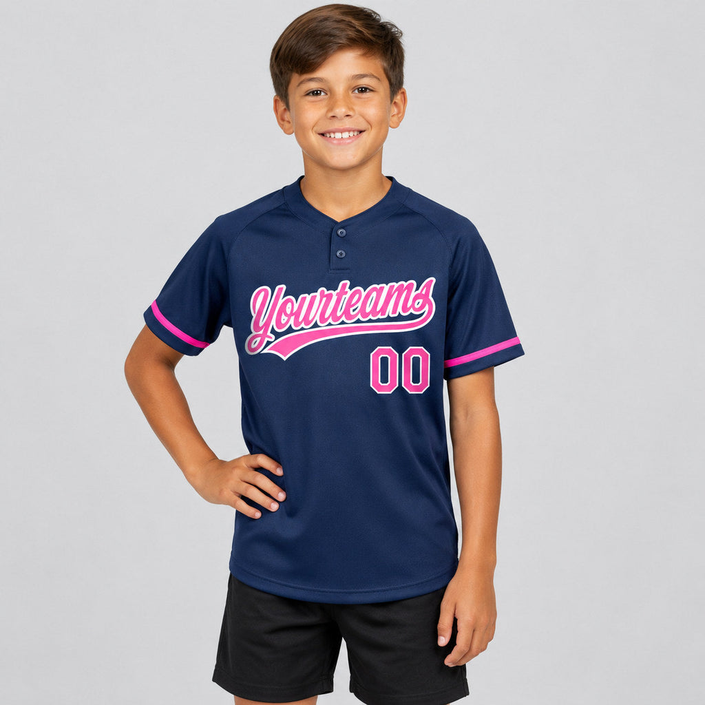 Custom Navy Two Button Softball Jersey with Pink and White Lettering Design 0389 youth size worn by child model