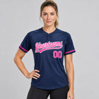Custom Navy Two Button Softball Jersey with Pink and White Lettering Design 0389 worn by female model