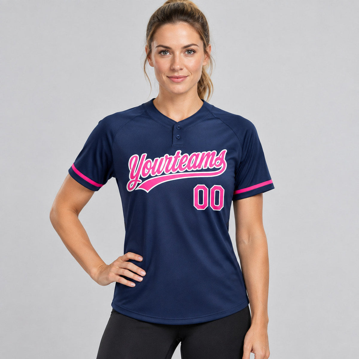Custom Navy Two Button Softball Jersey with Pink and White Lettering Design 0389 worn by female model