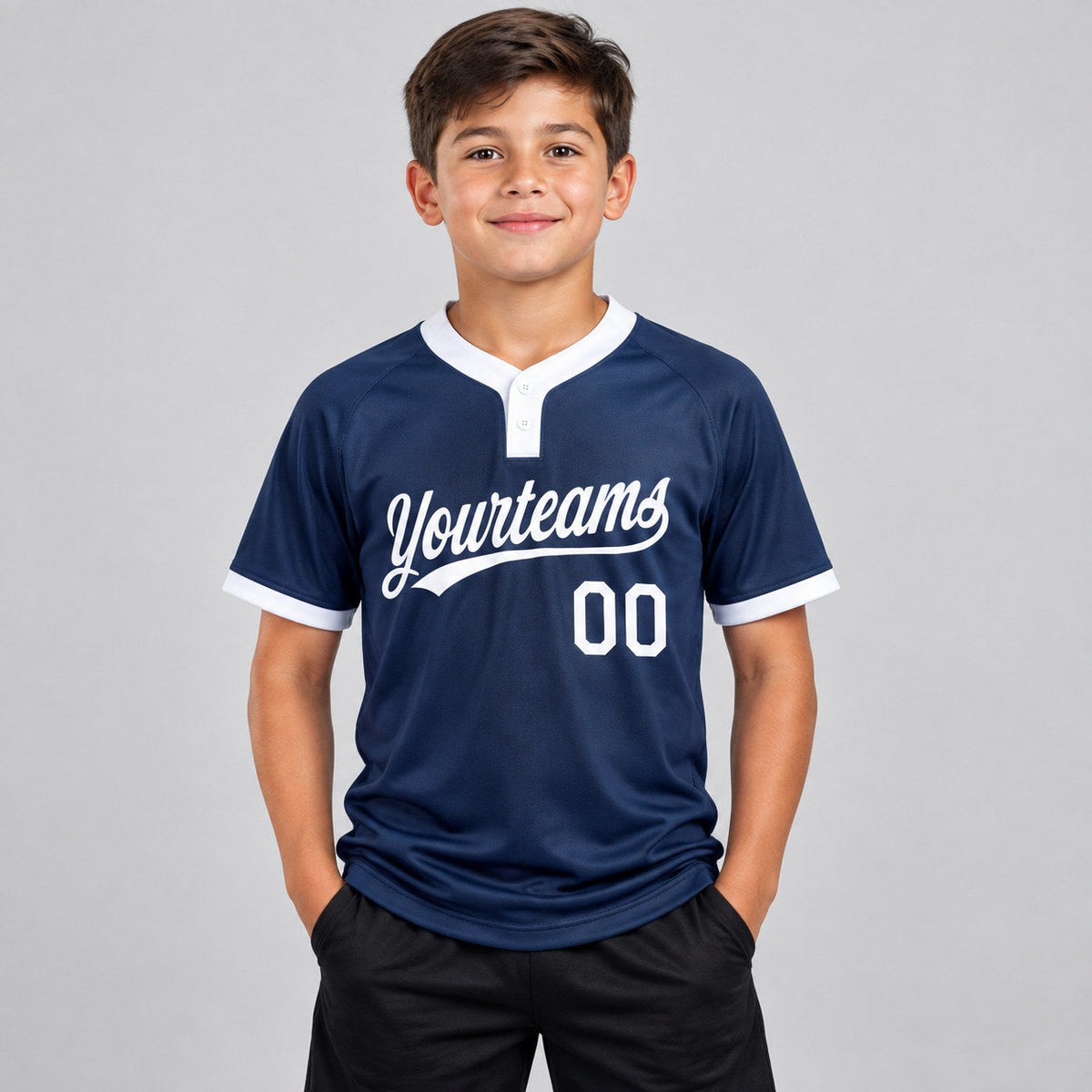 Custom Navy Two Button Softball Jersey with White Lettering Design 0133 youth size worn by child model